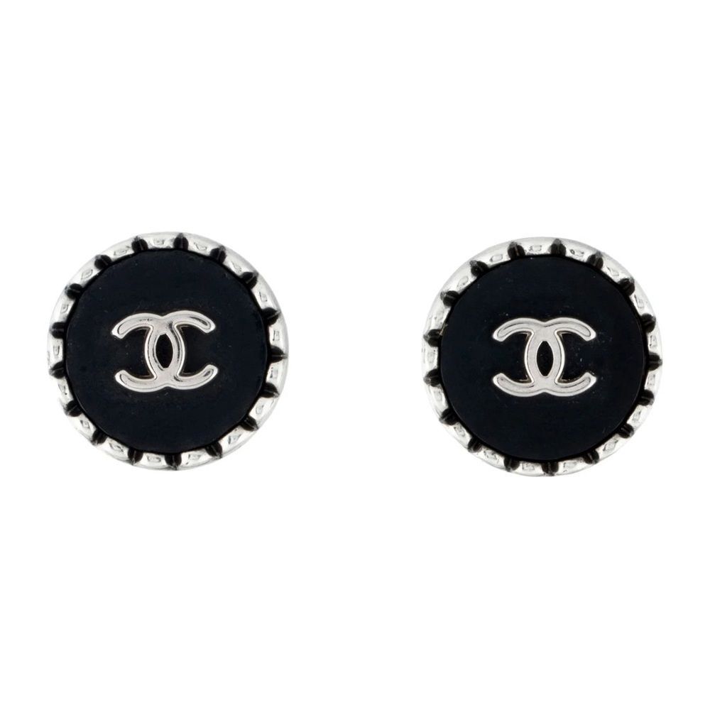 Chanel Vintage 1996 Black Resin Silver Round CC Logo Clip On Earrings